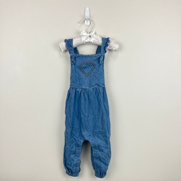 Mini Boden Chambray Ruffle Heart Dungarees 12-18 Months - Picture 1 of 8